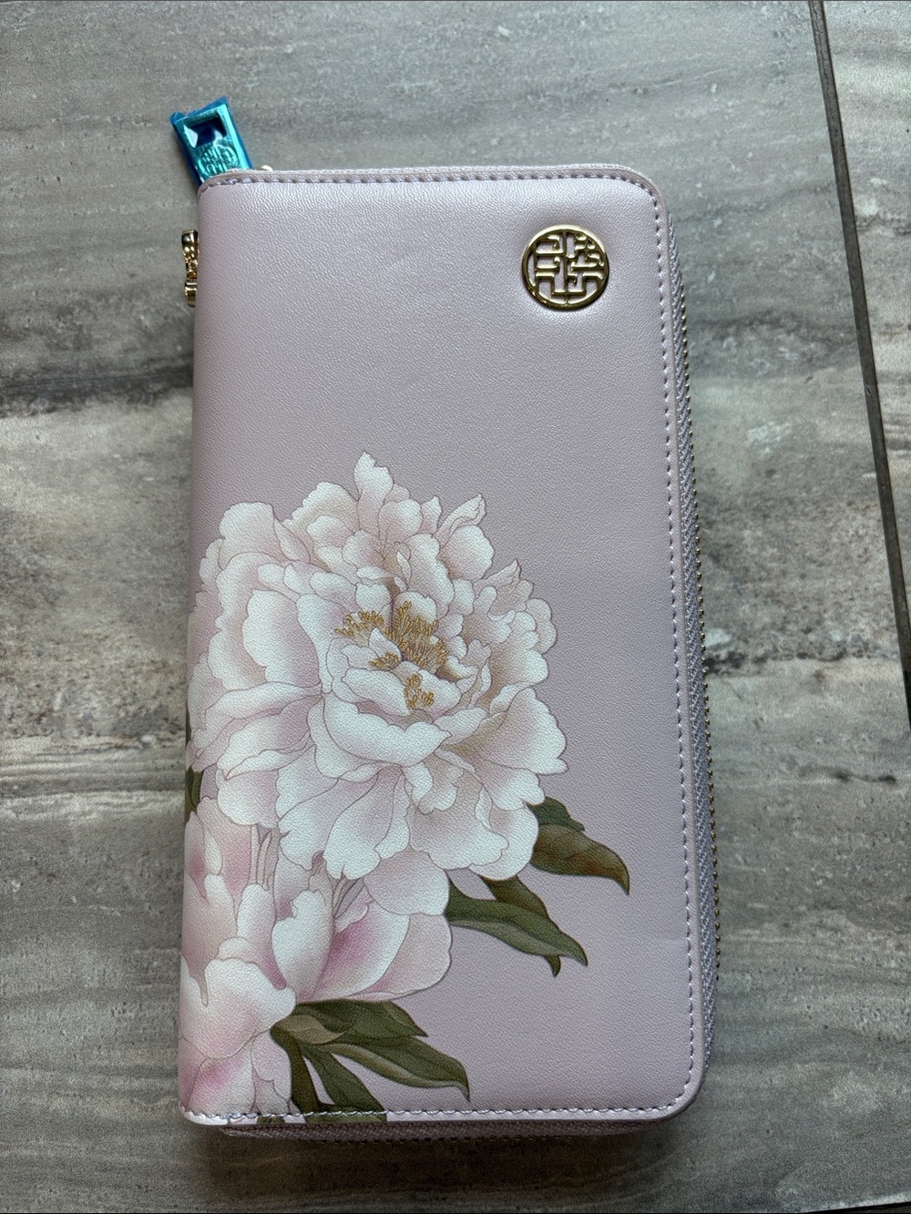Peony Lilac Floral Zip Wallet with Gold Emblem